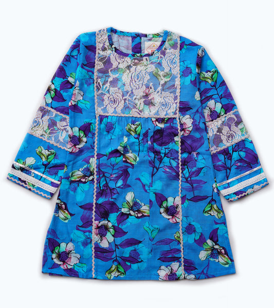 GIRLS KHADDAR BLUE FLORAL PRINTED KURTI