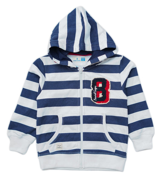 BOYS BLUE STRIPED FLEECE HOODED ZIPPER