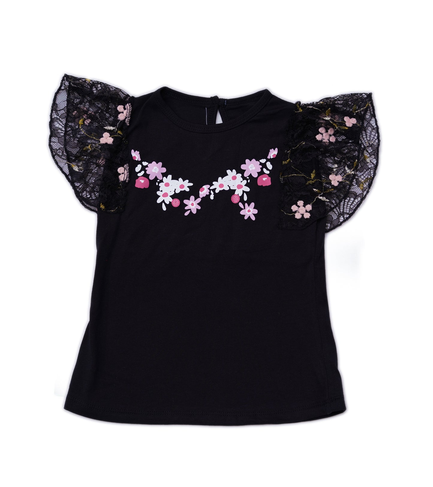 GIRLS BLACK EMB NET SLEEVES TOP