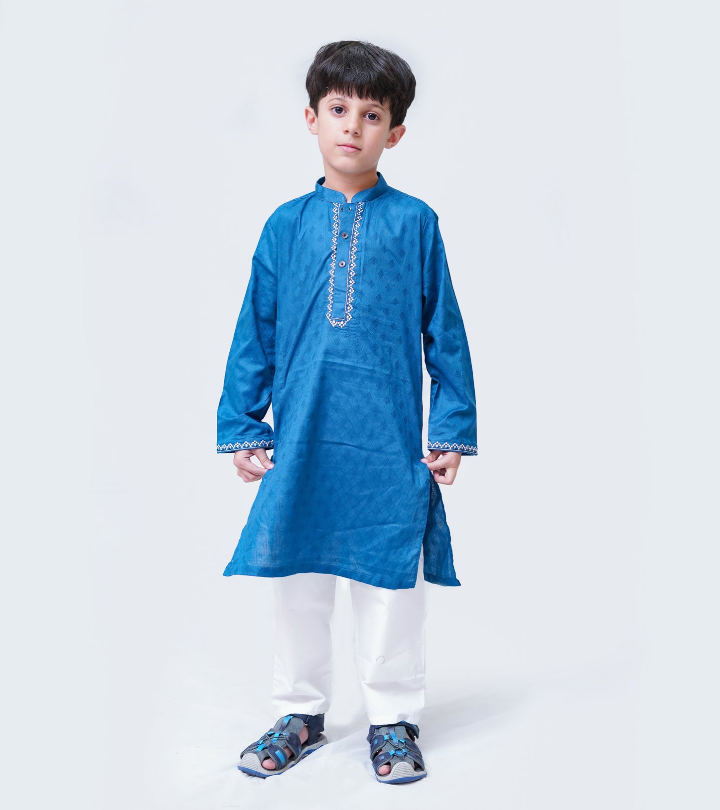 BOYS DODGER BLUE SELF COTTON EMB KURTA