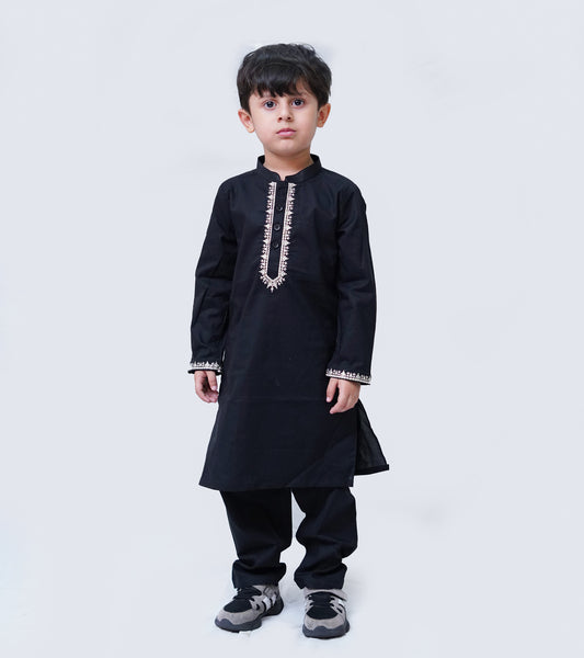 BOYS BLACK COTTON EMB KURTA TROUSER