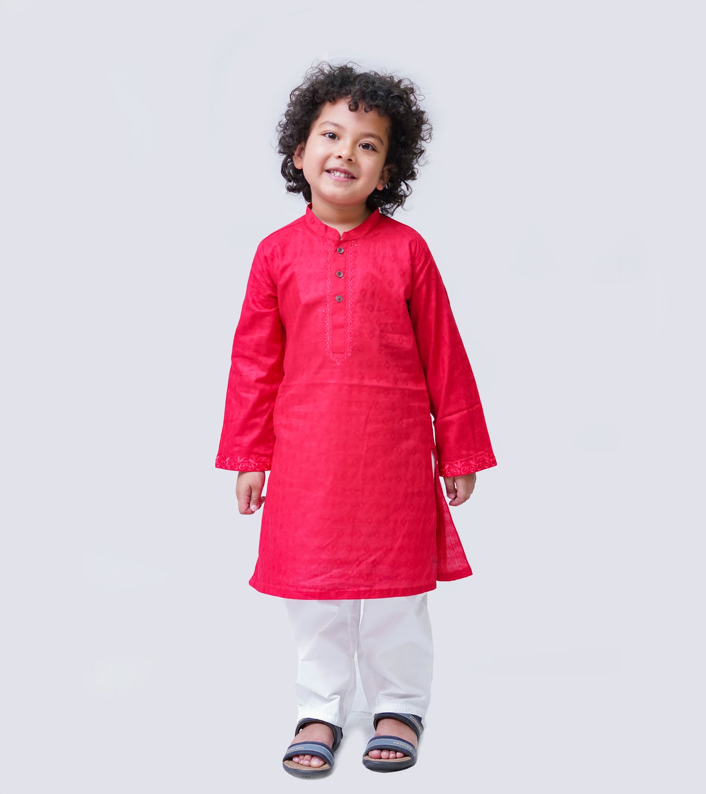 BOYS RED SELF COTTON EMB KURTA