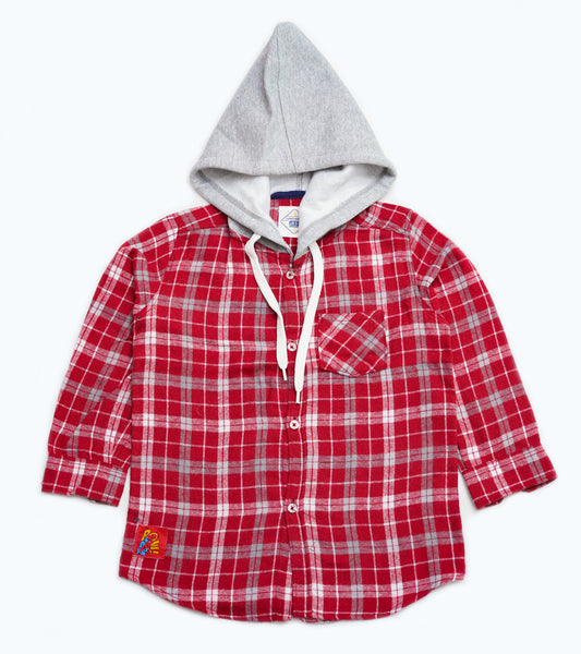 BOYS GRAY & RED HOODED CHECK SHIRT