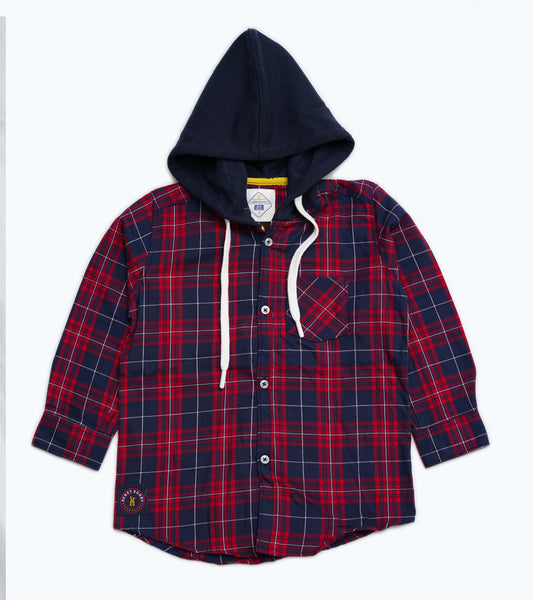 BOYS RED & BLUE BLOCK CHECK HOODED SHIRT