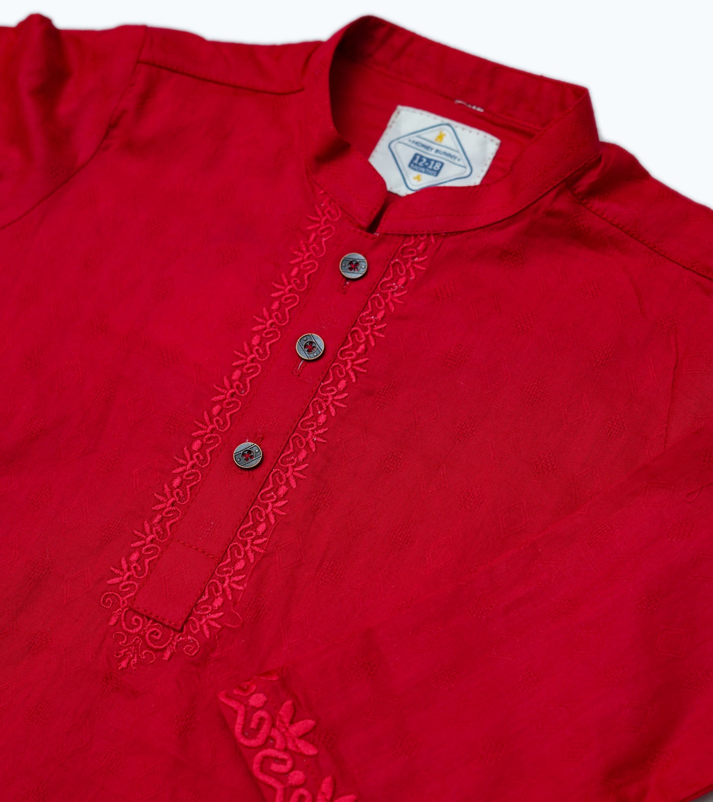 BOYS RED SELF COTTON EMB KURTA