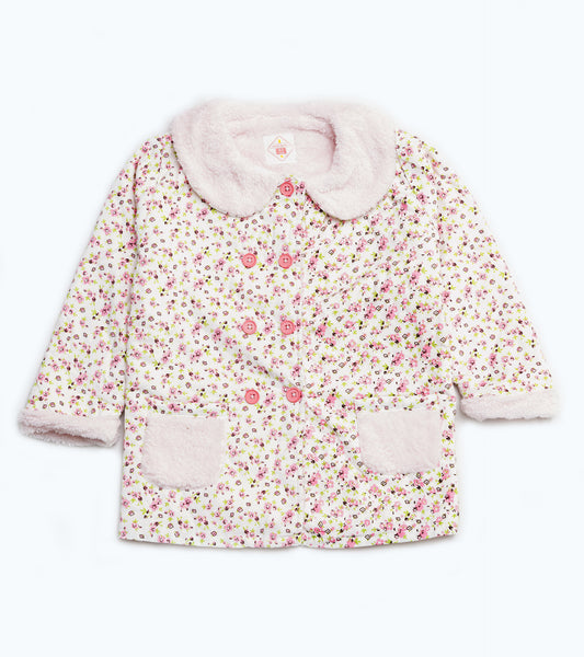 GIRLS PINK FLORAL CORDUROY FUR COAT