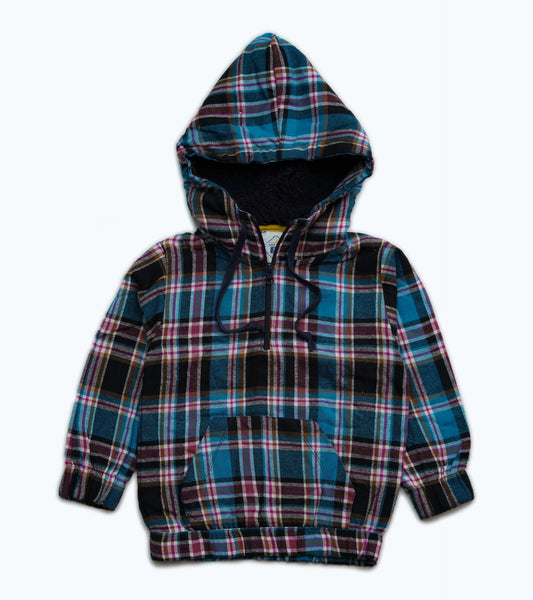 BOYS ROYAL BLUE CHECK FUR HOODED SHIRT