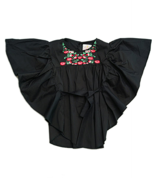 GIRLS EMBROIDERY BUTTERFLY BLACK TOP
