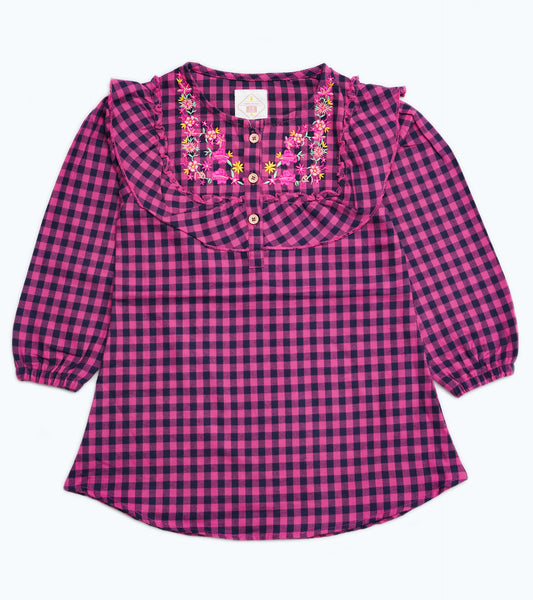 GIRLS CHECK EMBROIDERY TOP