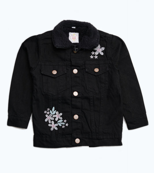 GIRLS FLOWER EMB BLACK DENIUM FUR JACKET