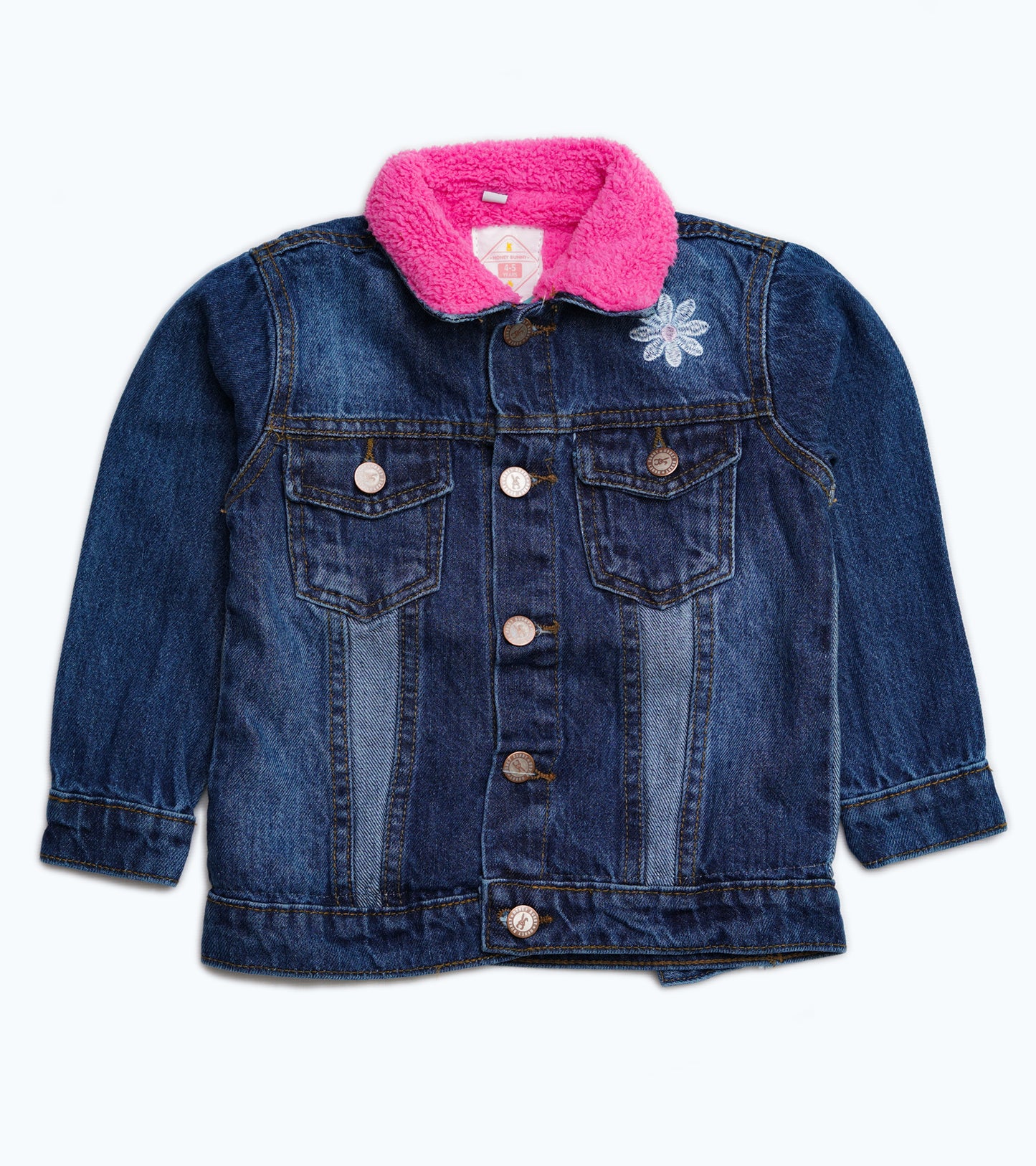 GIRLS FLORAL EMB D-BLUE PINK FUR DENIUM JACKET