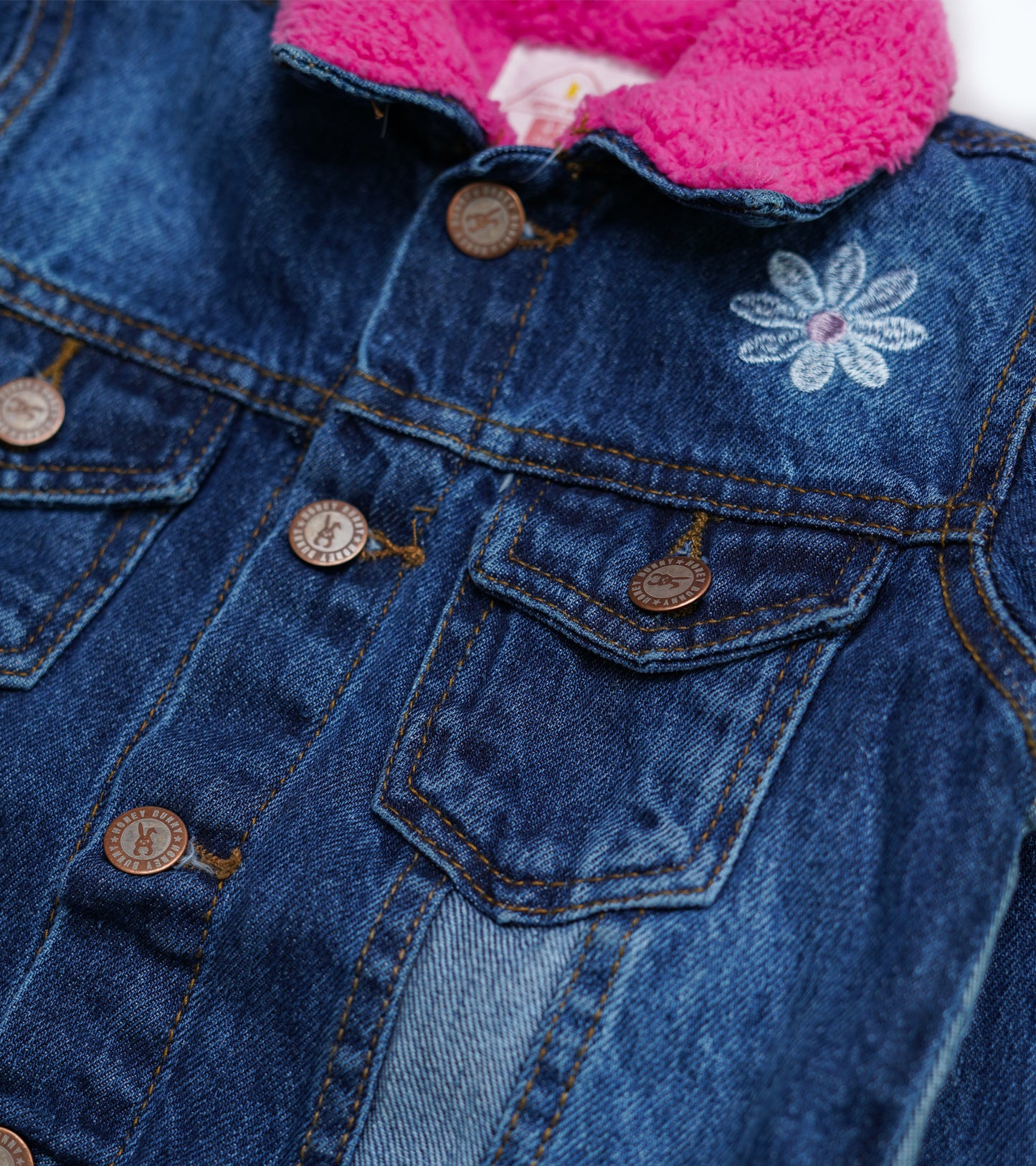 GIRLS FLORAL EMB D-BLUE PINK FUR DENIUM JACKET