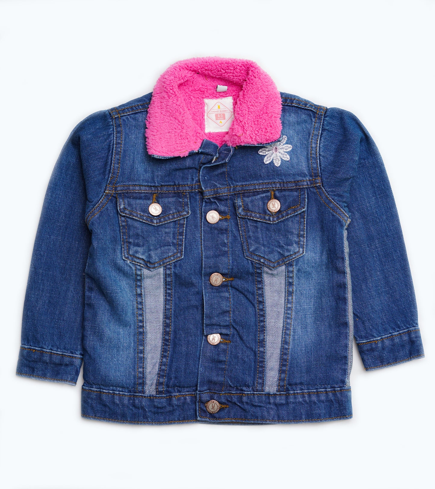 GIRLS FLORAL EMB BLUE PINK FUR DENIUM JACKET