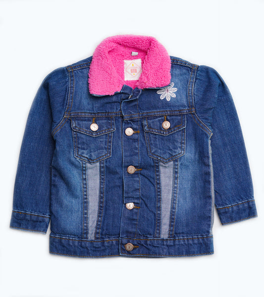 GIRLS FLORAL EMB BLUE PINK FUR DENIUM JACKET