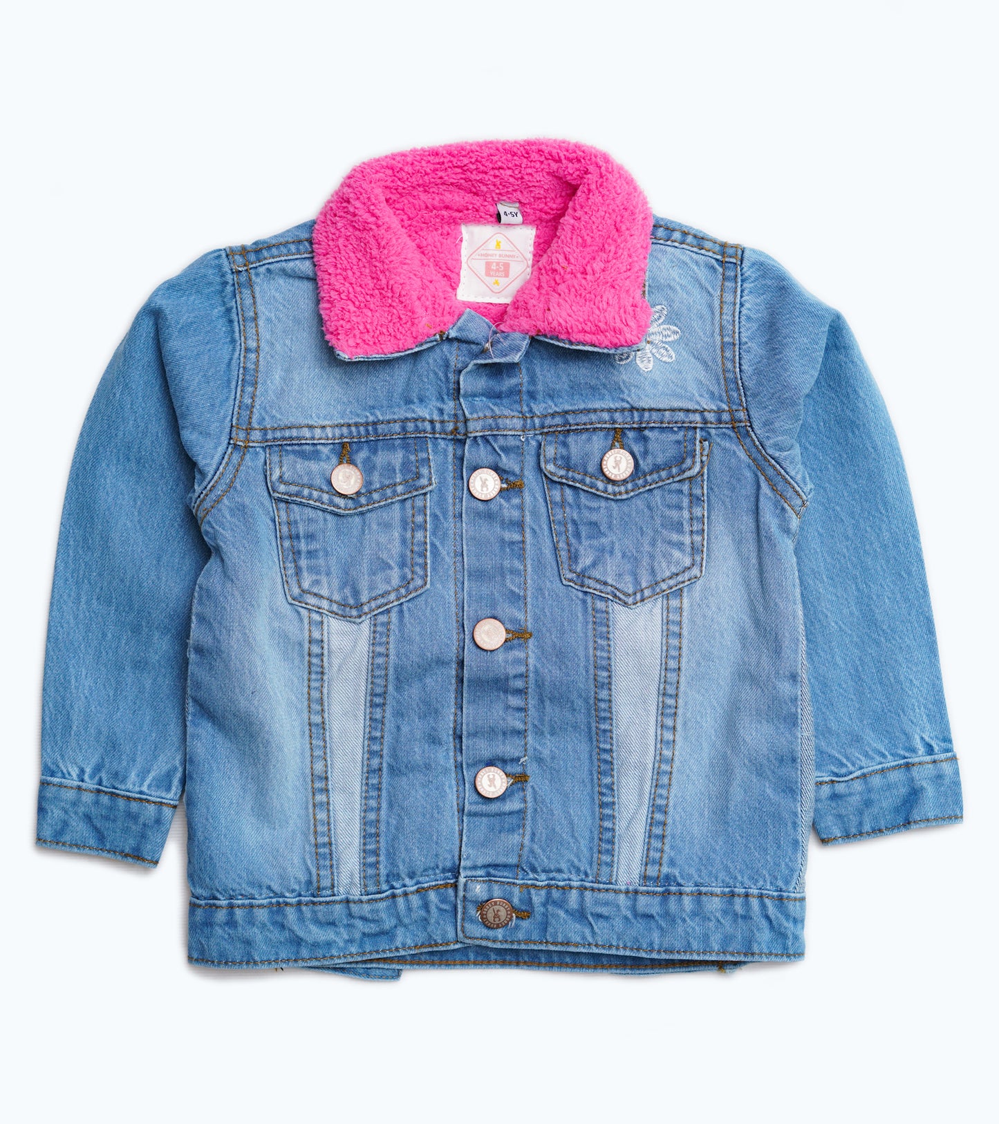 GIRLS FLORAL EMB LIGHT BLUE PINK FUR JACKET