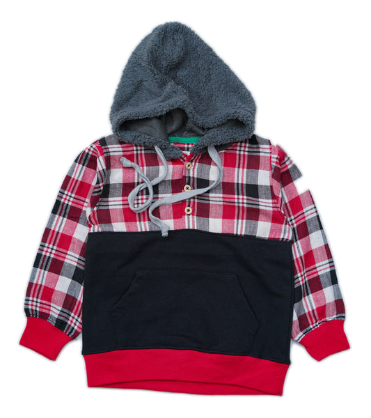 BOYS RED & BLACK FUR HOODED SHIRT