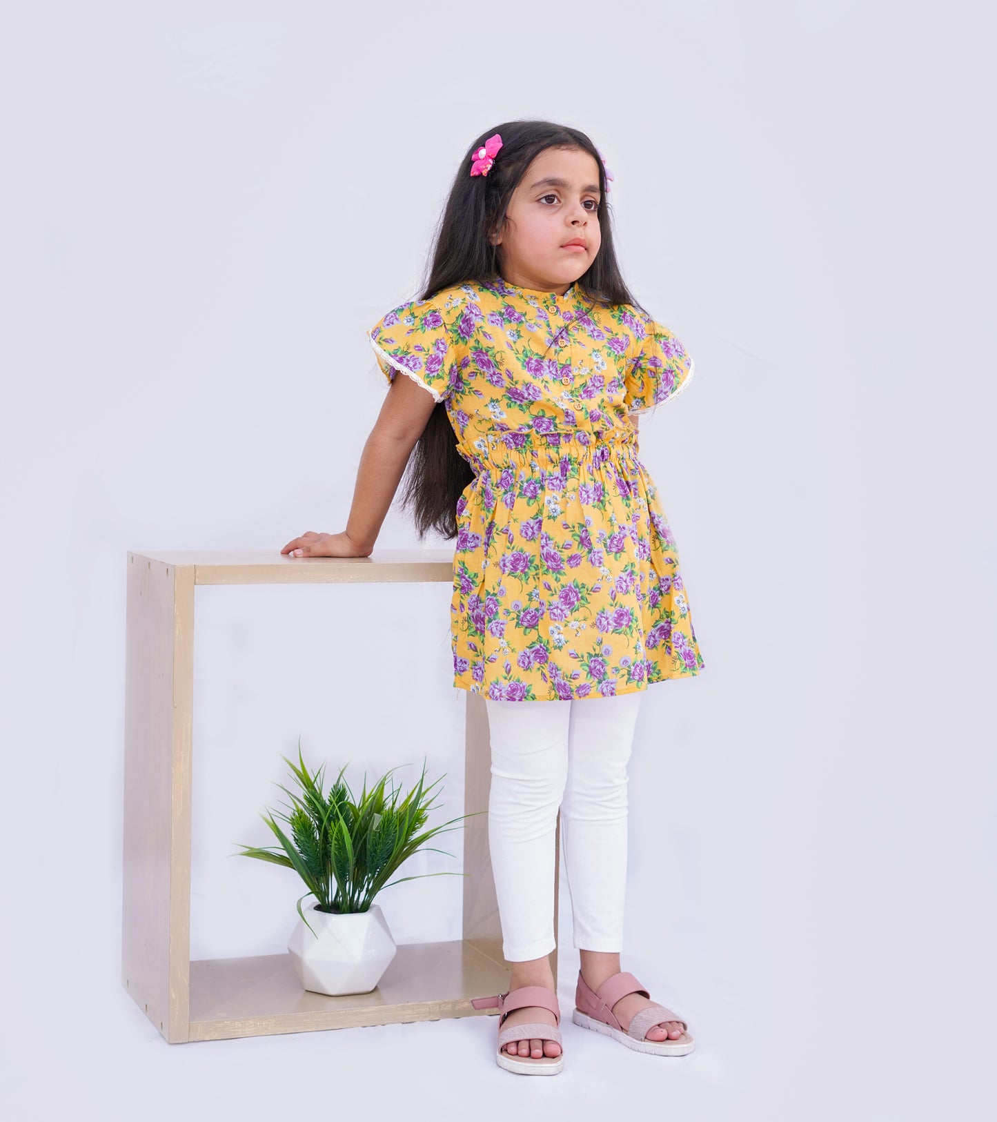 GIRLS YELLOW PRINTED COTTON DRESS