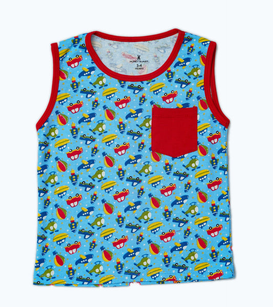 BOYS PRINTED RED POCKET SANDO T-SHIRT