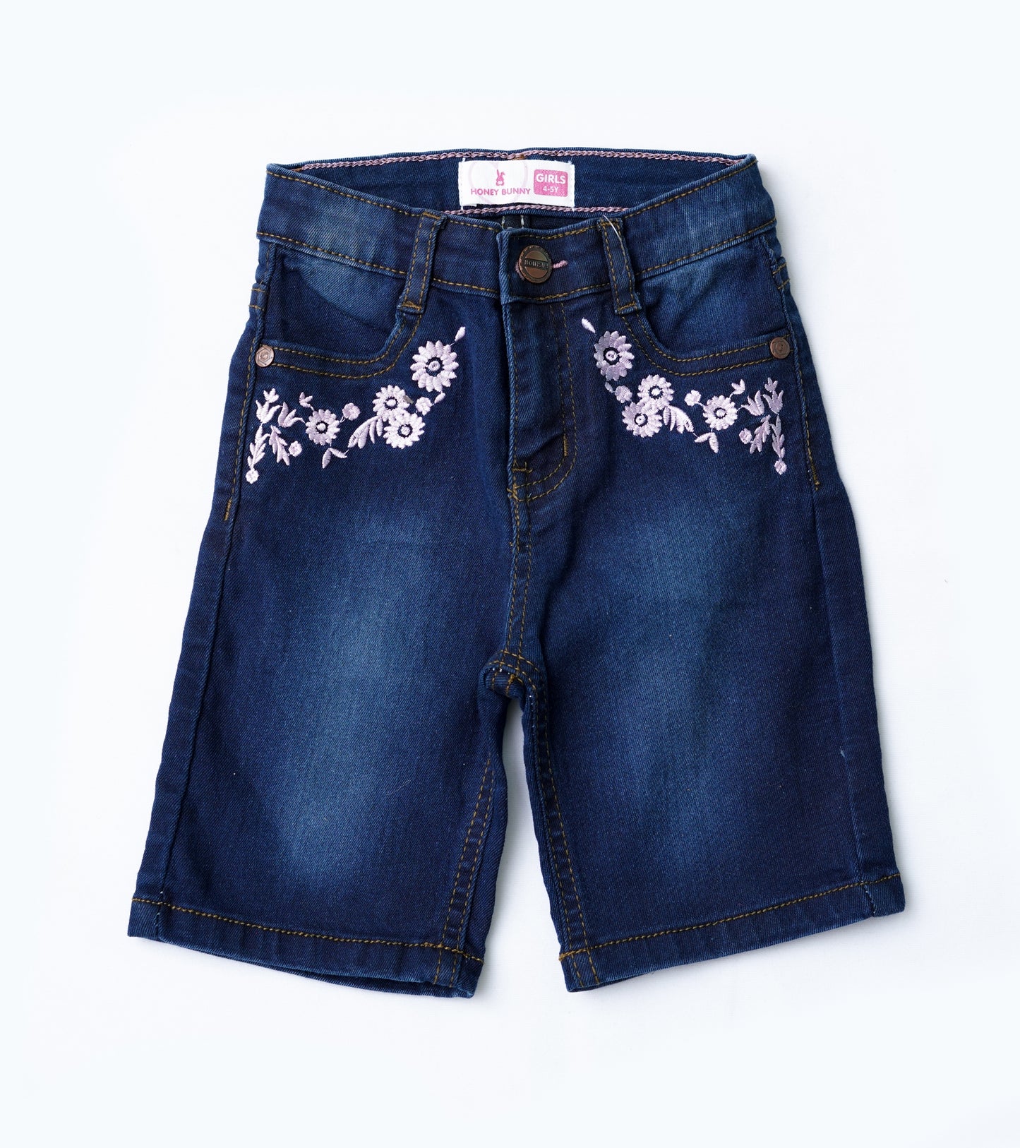 GIRLS FLORAL EMB D-BLUE DENIUM SHORTS