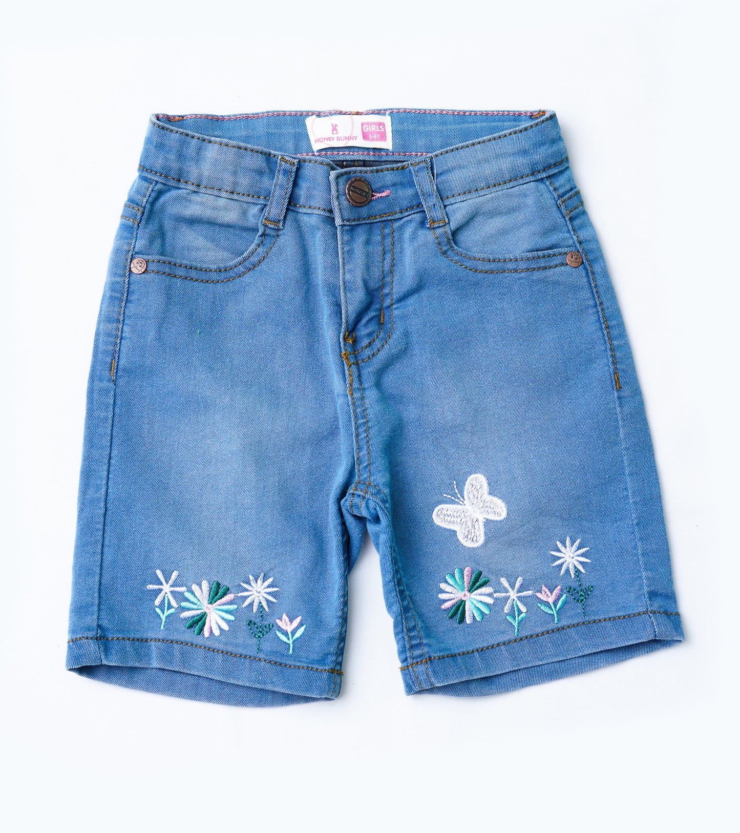 GIRLS BUTTERFLY EMB L-BLUE DENIUM SHORTS