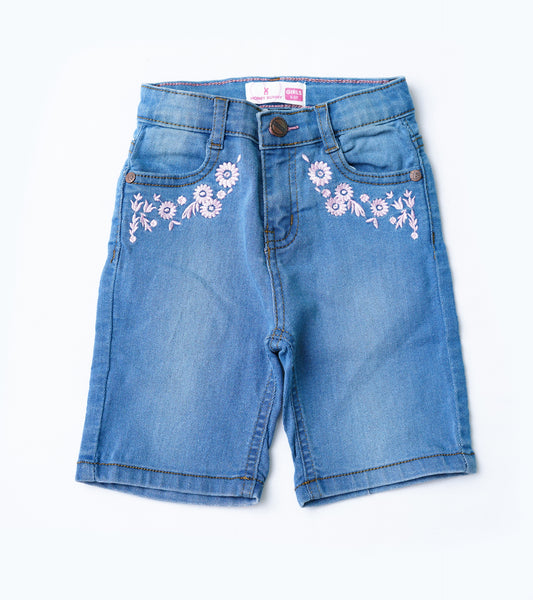 GIRLS FLORAL EMB L-BLUE DENIUM SHORTS