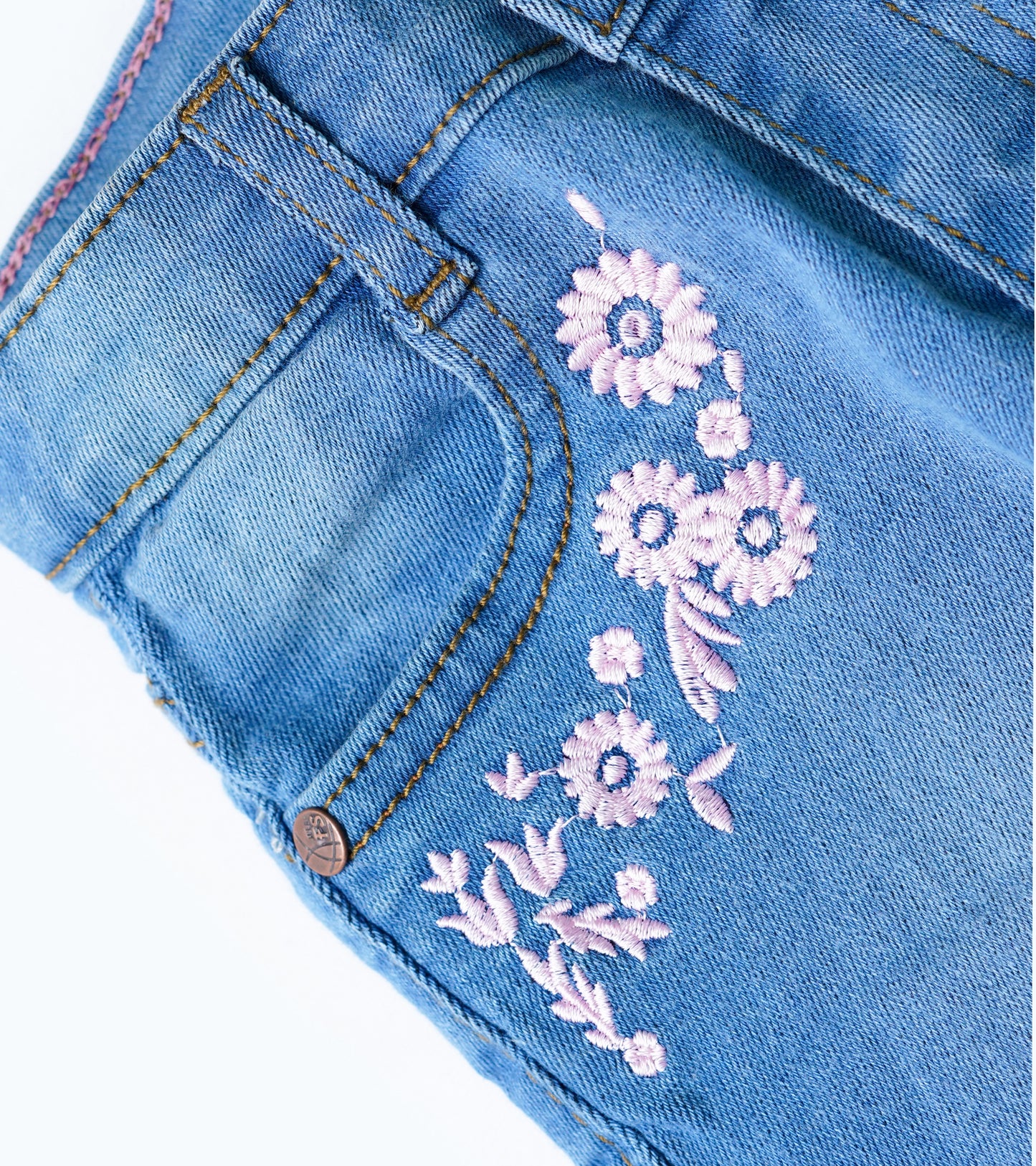 GIRLS FLORAL EMB L-BLUE DENIUM SHORTS