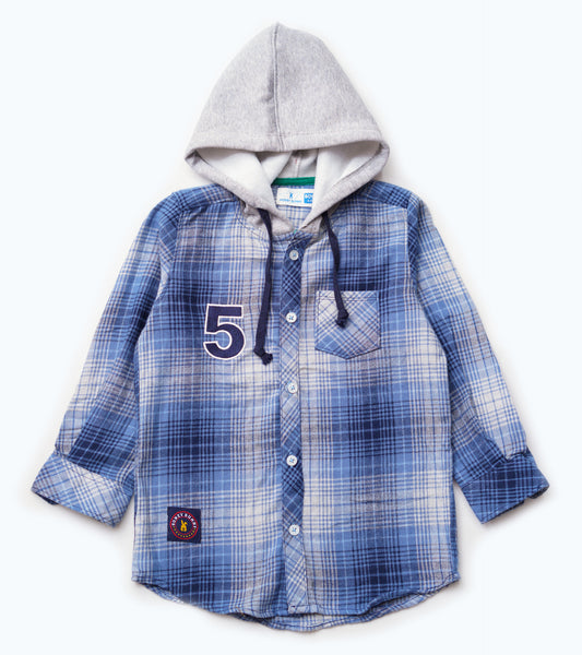 BOYS FLANNEL GRAY & BLUE HOODED SHIRT