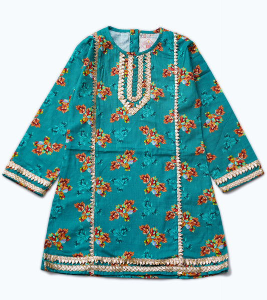 GIRLS KHADDAR PRINTED GOLDEN LACE KURTI