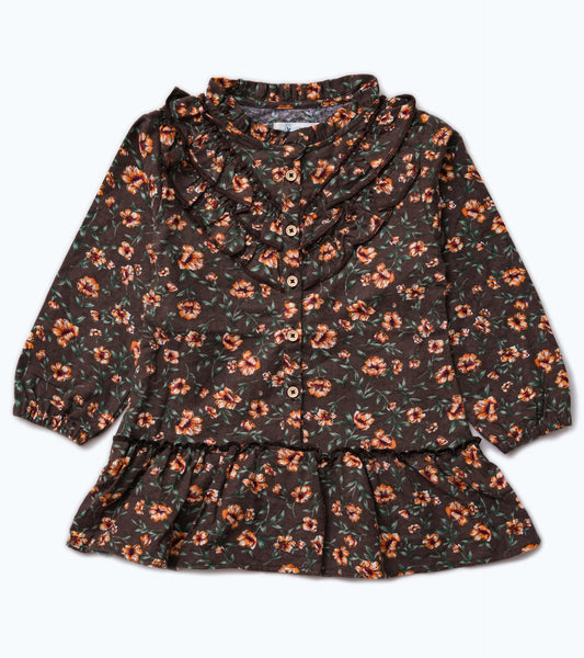 GIRLS FLOWER PRINTED FLANNEL BROWN TOP